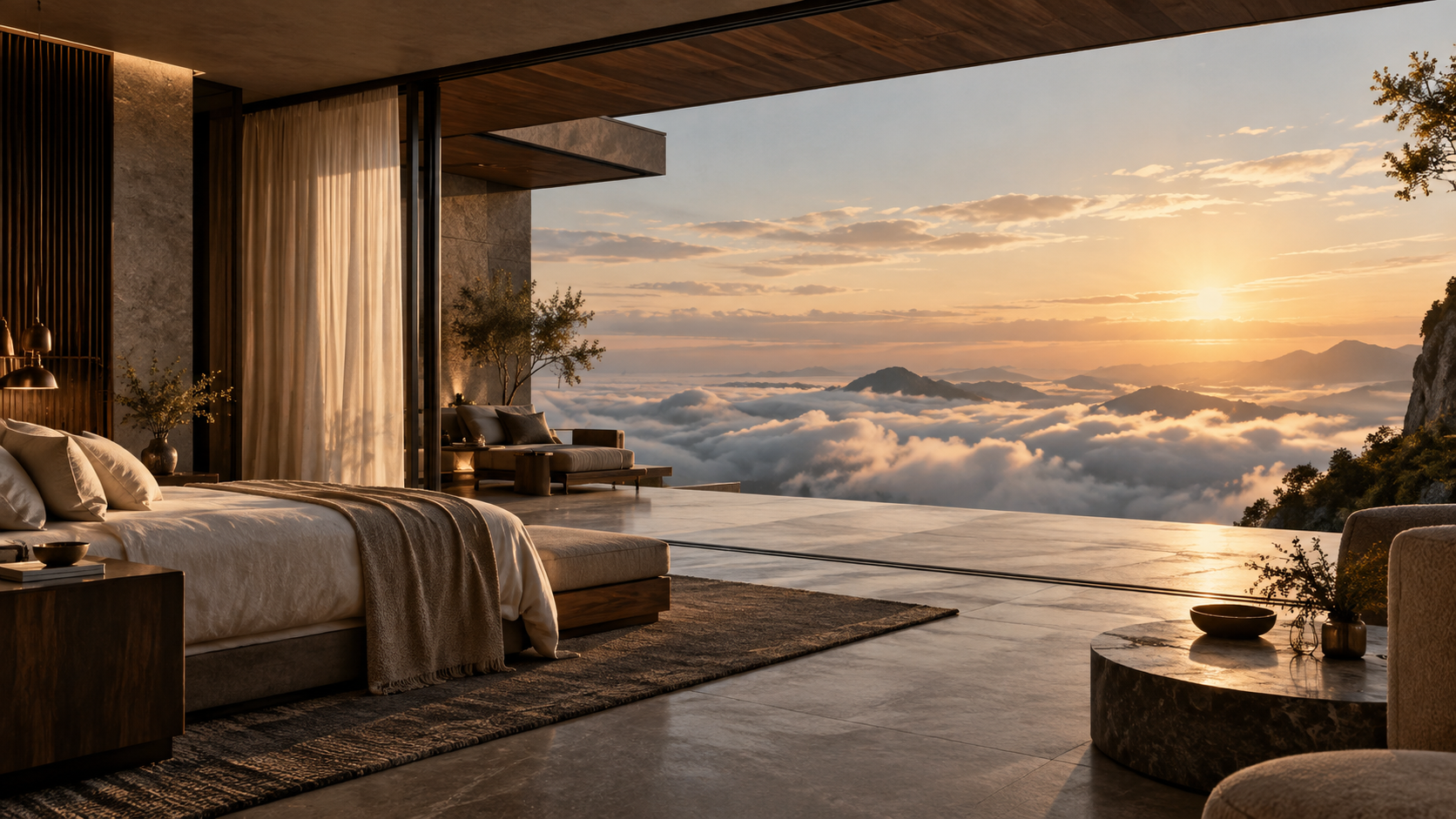 A cinematic luxury hotel suite opening onto an extraordinary landscape above the clouds