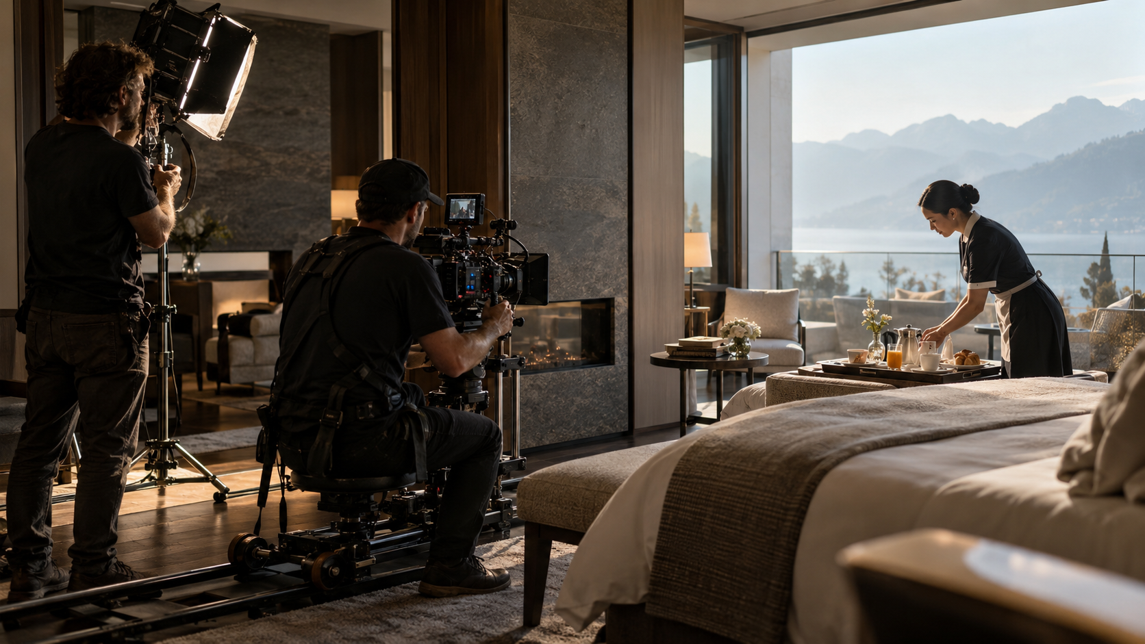 A professional camera crew filming a hotel service moment inside a luxury suite